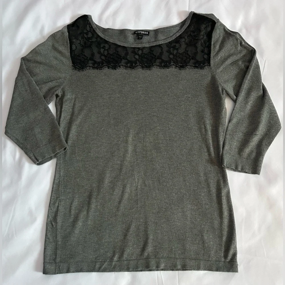 Express 3/4 Sleeve Gray Sweater with Black Lace Detail Size Large
